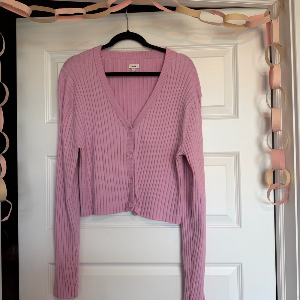 Aerie Pink Ribbed V-Neck Button-Up Cardigan Sweater